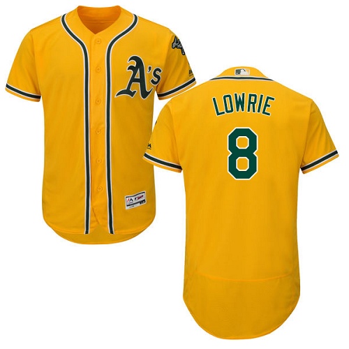 Men's Majestic Oakland Athletics #8 Jed Lowrie Gold Alternate Flex Base Authentic Collection MLB Jersey