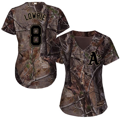 Women's Majestic Oakland Athletics #8 Jed Lowrie Authentic Camo Realtree Collection Flex Base MLB Jersey