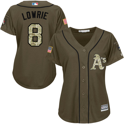 Women's Majestic Oakland Athletics #8 Jed Lowrie Authentic Green Salute to Service MLB Jersey