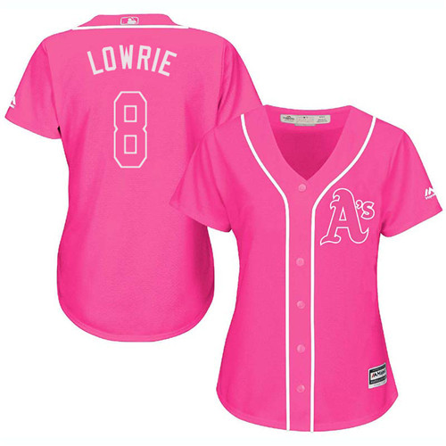 Women's Majestic Oakland Athletics #8 Jed Lowrie Authentic Pink Fashion Cool Base MLB Jersey