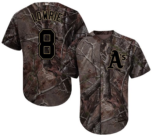 Youth Majestic Oakland Athletics #8 Jed Lowrie Authentic Camo Realtree Collection Flex Base MLB Jersey