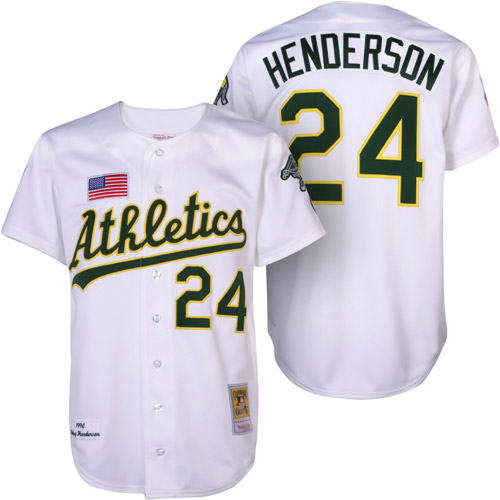 Men's Mitchell and Ness Oakland Athletics #24 Rickey Henderson Replica White 1990 Throwback MLB Jersey