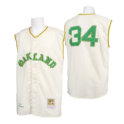 Men's Mitchell and Ness 1968 Oakland Athletics #34 Rollie Fingers Authentic Cream Throwback MLB Jersey