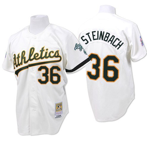 Men's Mitchell and Ness Oakland Athletics #36 Terry Steinbach Authentic White Throwback MLB Jersey