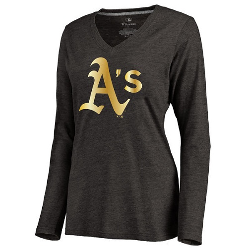 MLB Oakland Athletics Women's Gold Collection Long Sleeve V-Neck Tri-Blend T-Shirt - Black